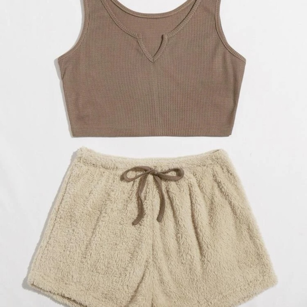 Crop tank with teddy fuzzy shorts lounge set